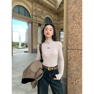 pusumede黑色半高领针织衫女2025长袖修身显瘦气质内搭打底衫上衣