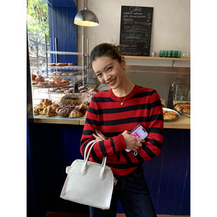 女新款 pusumede 条纹针织衫 圆领长袖 套头毛衣内搭上衣 现货7折