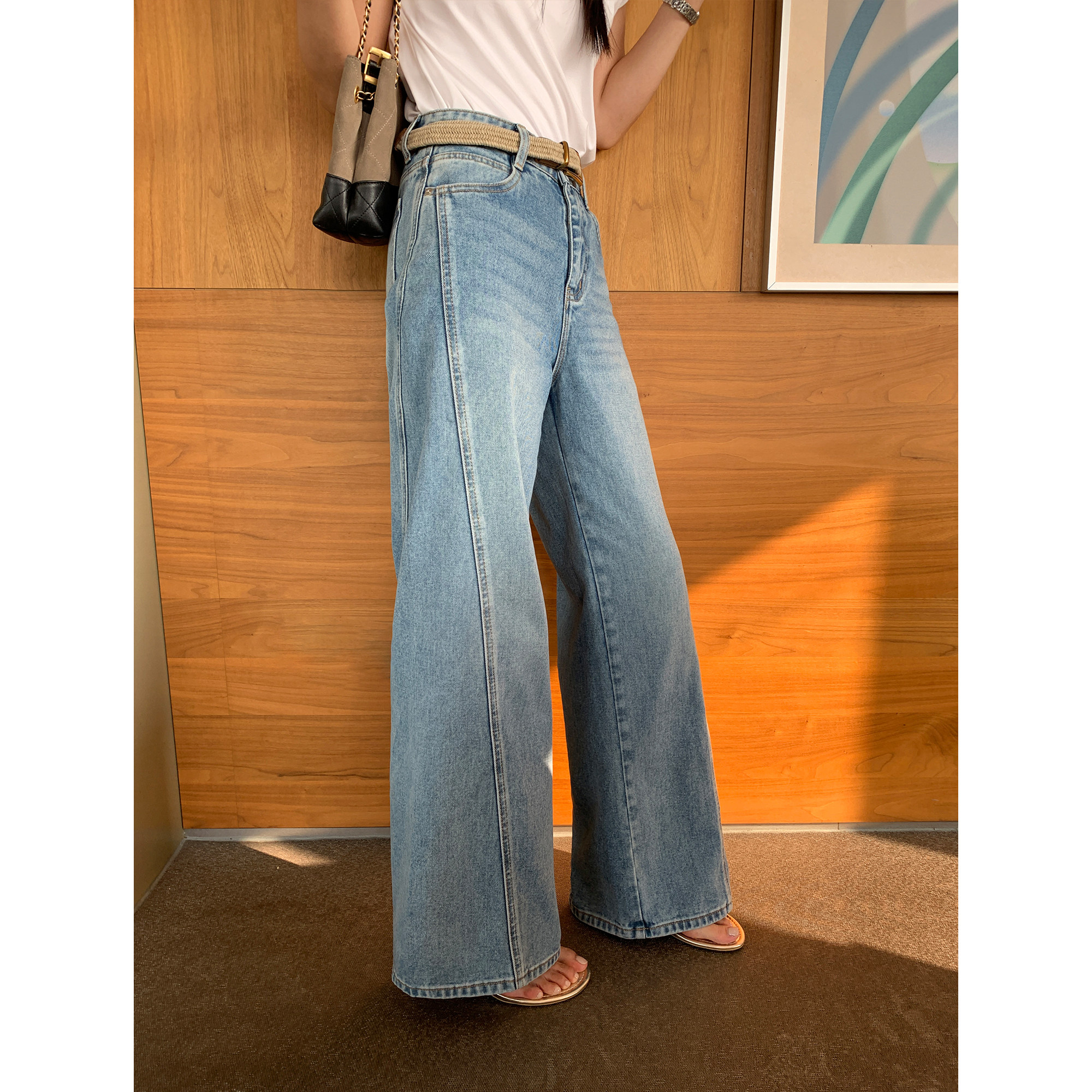 pusumede 经典解构 高腰复古牛仔裤女设计感宽松直筒阔腿休闲长裤