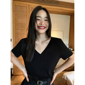 pusumede 百搭宽松显瘦百搭纯色正肩上衣 t恤女韩版 基础款 v领短袖