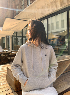 pusumede【现货7.5折】首尔街头 灰色连帽卫衣女加绒帽衫刺绣外套