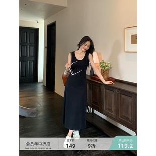 pusumede 针织长裙 气质黑色圆领背心连衣裙女夏季 高级感垂感无袖