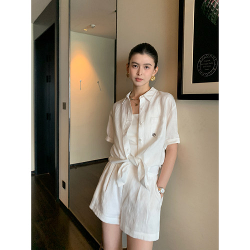 pusumede高智随性|1OO亚麻刺绣短袖衬衫女宽松上衣+休闲短裤套装