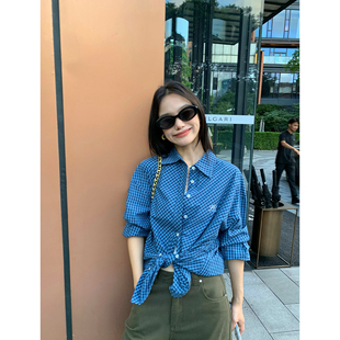 女长袖 复古格子衬衫 衬衣刺绣设计感休闲上衣 格纹对位 pusumede
