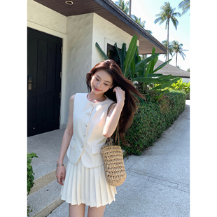 上衣A字百褶短裙套装 pusumede 收腰马甲女无袖 圆领短款 舒适有型