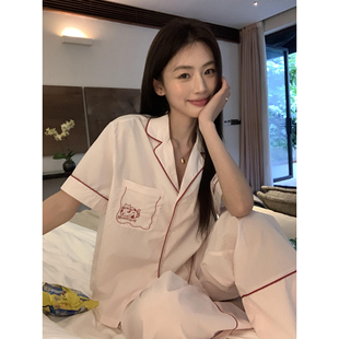 pusumede撞色刺绣宽松慵懒睡衣睡裤 家居服 套装 女可外穿舒适短袖