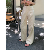 pusumede 子 女显瘦直筒休闲拖地长裤 城市度假 白色高腰宽松牛仔裤
