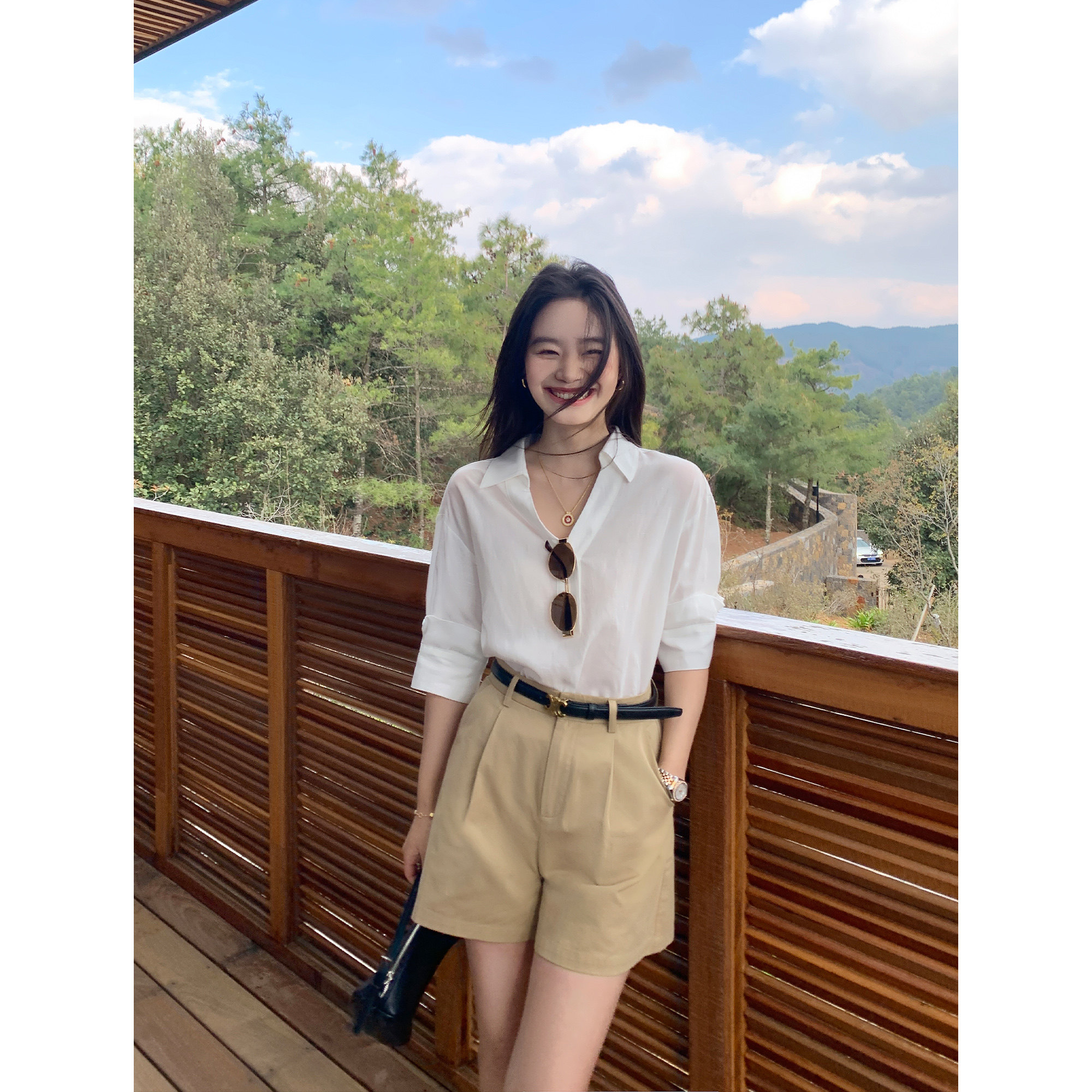 pusumede显大长腿系 卡其色短裤女高腰阔腿宽松通勤气质A字休闲裤