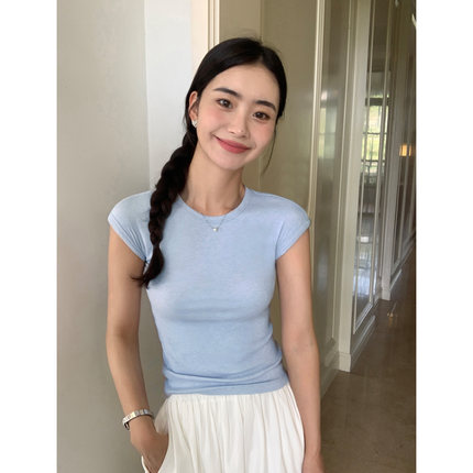 pusumede 蓝色圆领短袖t恤女夏季2025新款设计感修身针织别致上衣