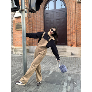 宽松直筒减龄连体裤 pusumede 女秋季 复古灯芯绒背带裤 现货5折