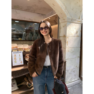 pusumede环保仿皮草女气质毛茸茸短款 秋冬保暖加厚毛毛外套 开衫