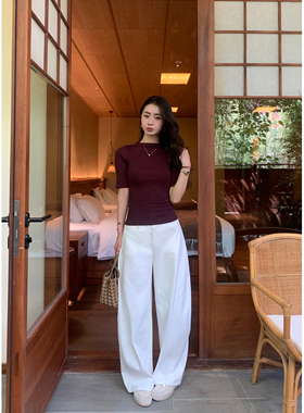 pusumede 周末漫步 白色廓形弯刀阔腿裤女宽松直筒休闲镰刀裤长裤