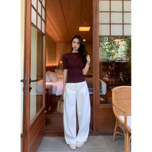 长裤 pusumede 女宽松直筒休闲镰刀裤 白色廓形弯刀阔腿裤 周末漫步