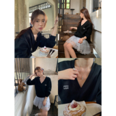 pusumede 黑色字母印花v领卫衣女套头宽松气质慵懒休闲长袖 上衣