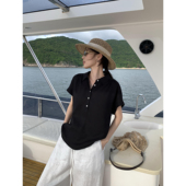 pusumede 上衣通勤衬衣 女宽松气质薄款 黑色亚麻莱赛尔短袖 衬衫