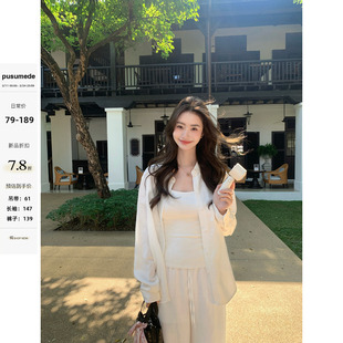 pusumede 不费力穿搭 莱赛尔亚麻长袖白衬衫女宽松阔腿休闲裤套装