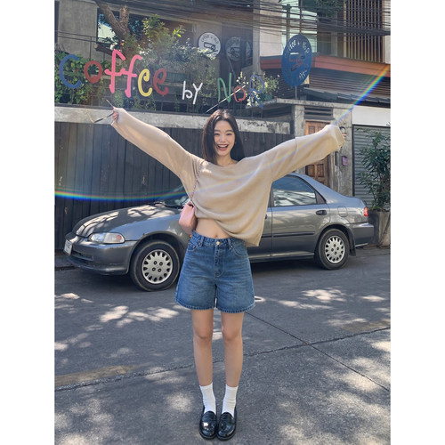高腰复古牛仔短裤女a字阔腿中裤