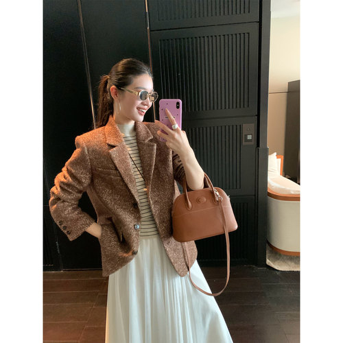 复古西装毛呢外套人字纹羊毛西服