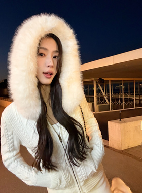 pusumede 回头率密码 可拆卸毛领连帽麻花针织开衫女修身毛衣外套