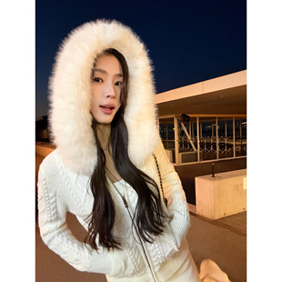 pusumede 回头率密码 可拆卸毛领连帽麻花针织开衫女修身毛衣外套