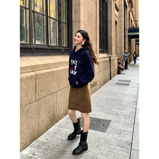 直筒裙 复古咖色麂皮半身裙女可拆腰带气质中款 pusumede 琥珀流光