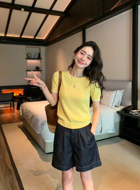 pusumede经典麻花系列 黄色圆领短袖针织衫女夏季宽松气质t恤上衣