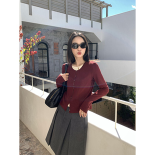 pusumede【现货6折】圆领假两件针织开衫女撞色设计感气质上衣