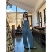 连体裤 休闲显瘦直筒长裤 女宽松阔腿裤 pusumede蓝色减龄牛仔背带裤