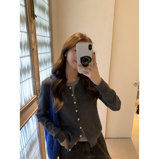 pusumede 层次美学 撞色假两件针织开衫女设计感小众圆领气质上衣