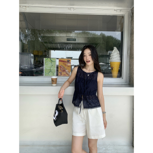 中裤 pusumede 女松紧腰抽绳宽松直筒五分裤 白色休闲短裤 夏日松弛