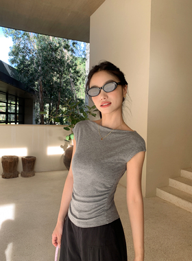 pusumede天菜angela 船领短袖t恤女设计感修身收腰针织小飞袖上衣