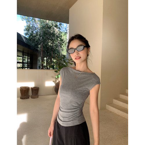 pusumede天菜angela 船领短袖t恤女设计感修身收腰针织小飞袖上衣