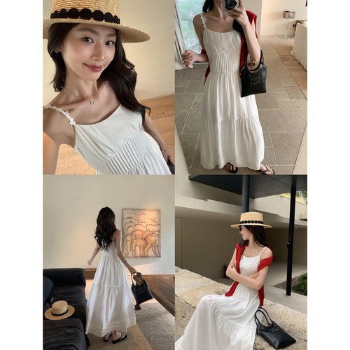 pusumede 夏日特美|白色吊带裙连衣裙女收腰花边法式气质天丝长裙