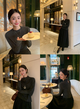 pusumede 艺术气息 慵懒堆堆领宽松中袖T恤女半高领针织衫两件套