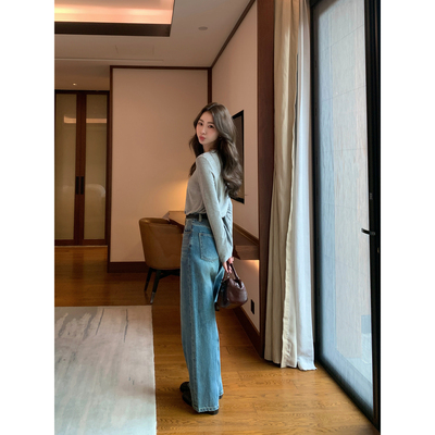 pusumede 雅丹都市 复古宽松直筒裤牛仔裤女高腰显瘦阔腿休闲长裤