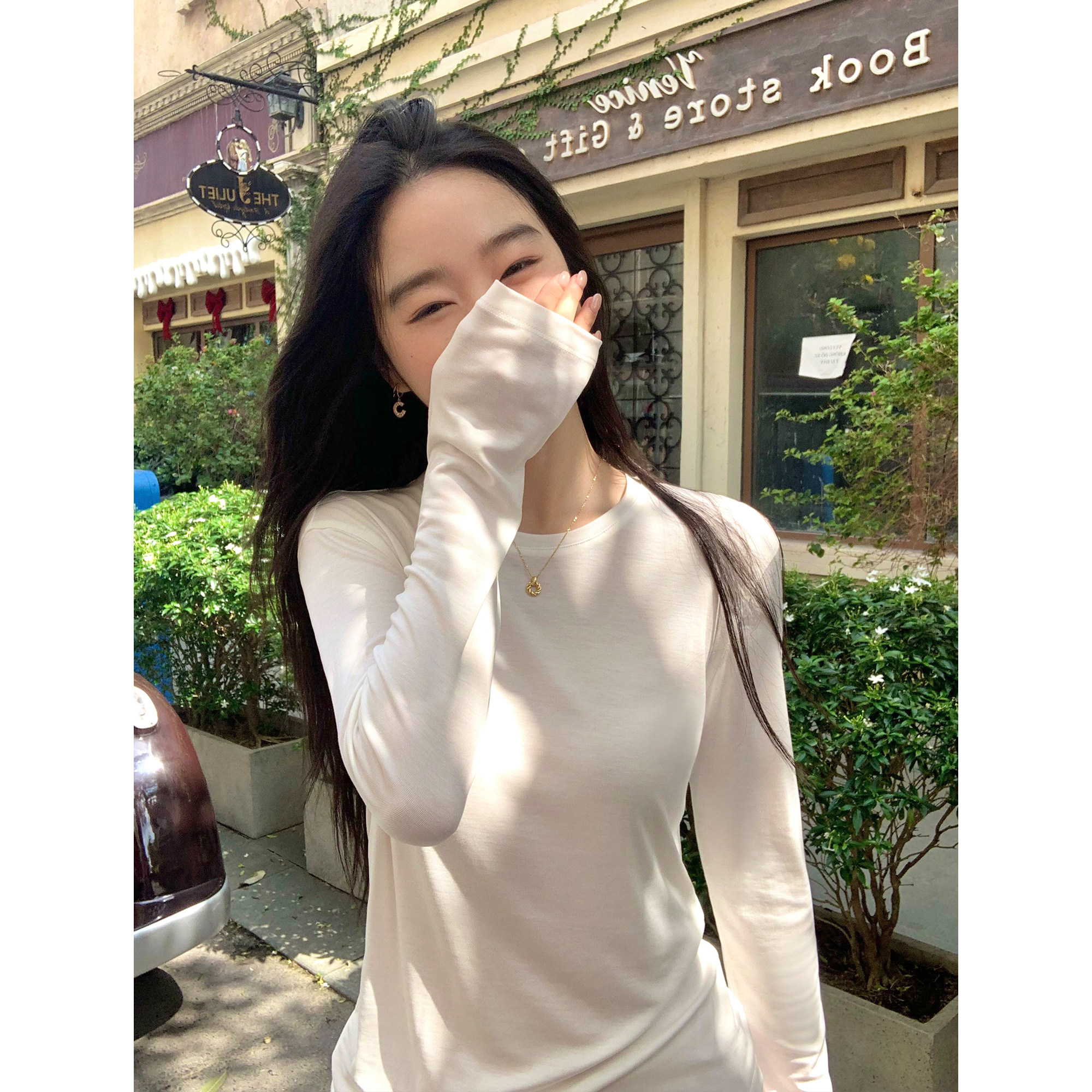 pusumede 舒适穿搭 莱赛尔圆领长袖T恤女宽松亲肤打底针织衫上衣