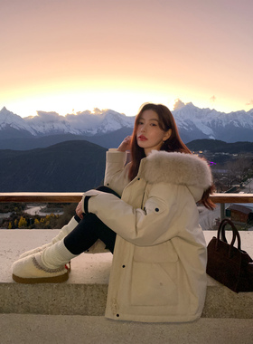 pusumede 柏林之恋 狐狸毛领连帽羽绒服女休闲工装派克服保暖外套