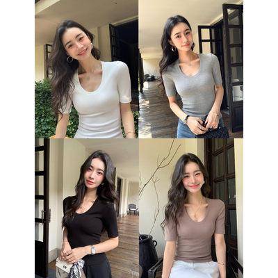 pusumede 黑色U领短袖修身t恤女夏季新款气质显瘦正肩针织上衣