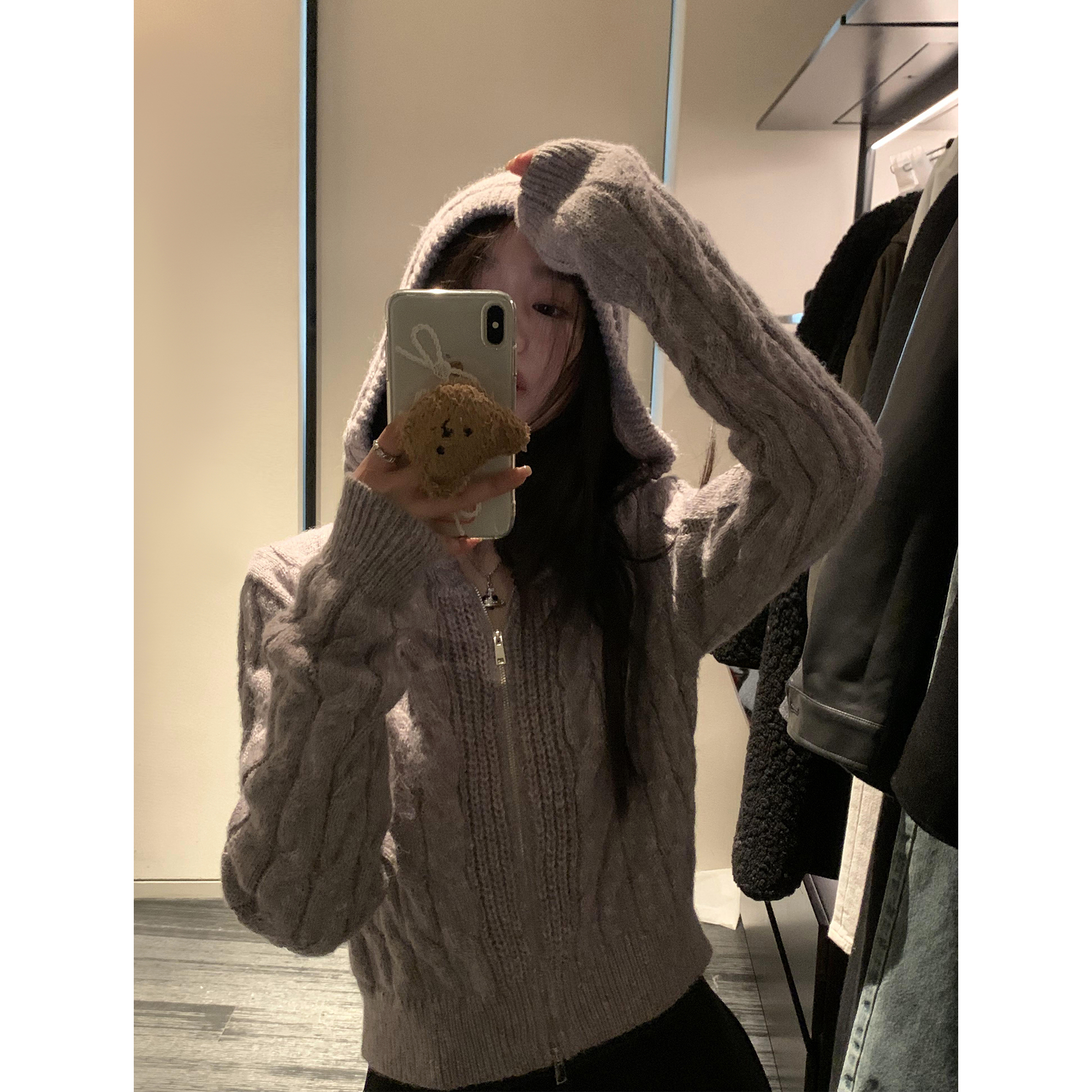 pusumede 红色连帽毛衣针织开衫外套女春秋韩系短款休闲拉链上衣