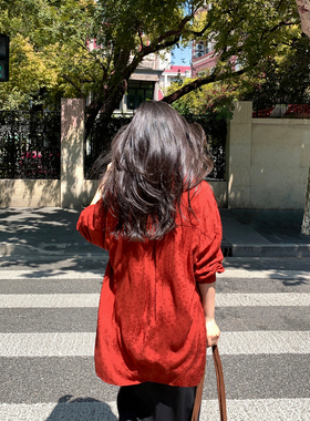 pusumede 红色提花长袖衬衫女春季新款设计感小众宽松慵懒衬衣