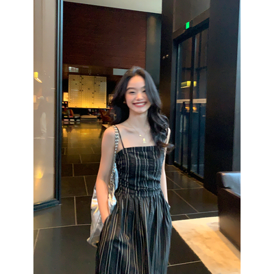 pusumede 漫步都市 竖条纹吊带连衣裙女复古气质抹胸裙收腰长裙