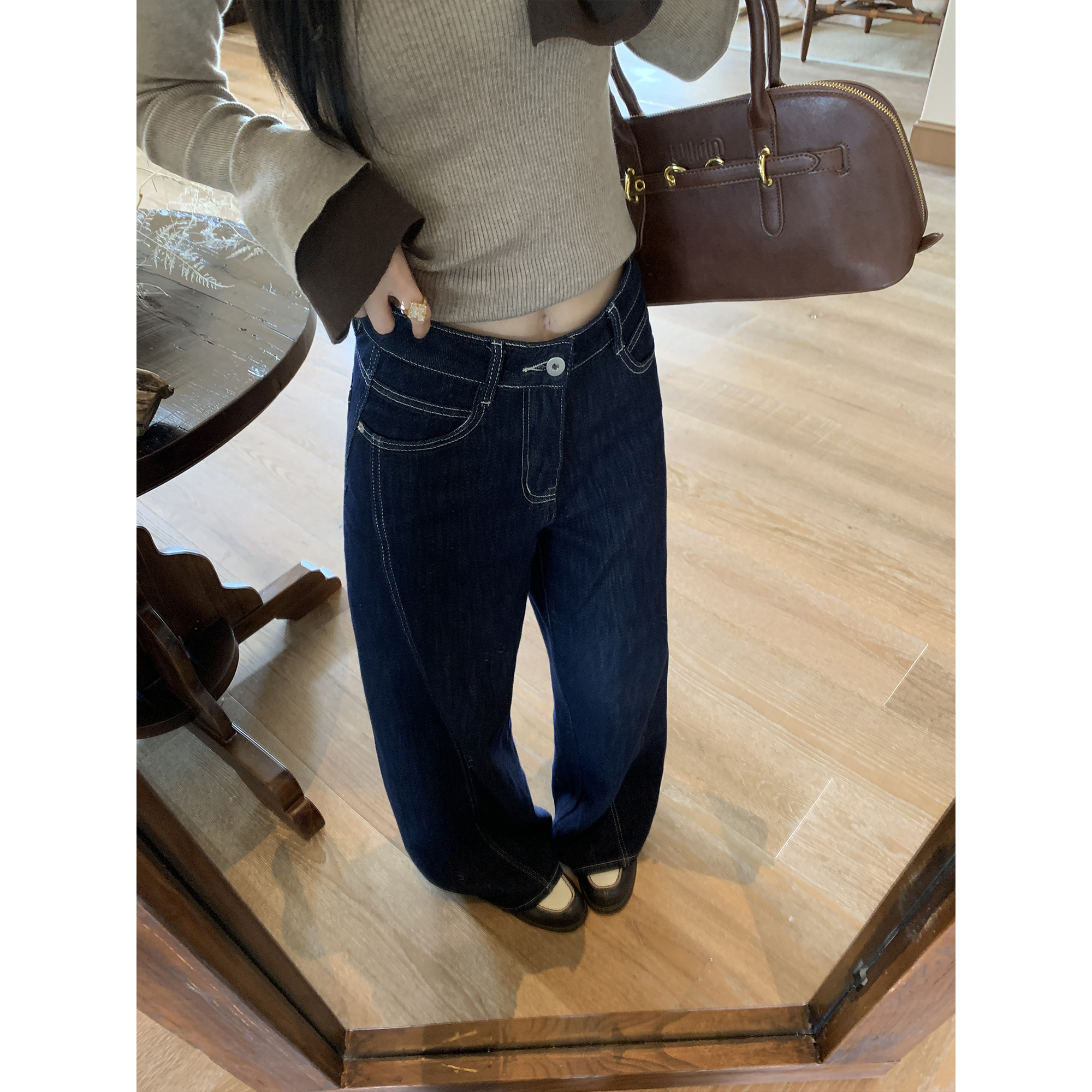 解构线条复古原色高腰阔腿牛仔裤