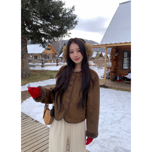 pusumede 德拉旧街 皮毛一体仿羊绒皮草外套女复古短款夹克上衣