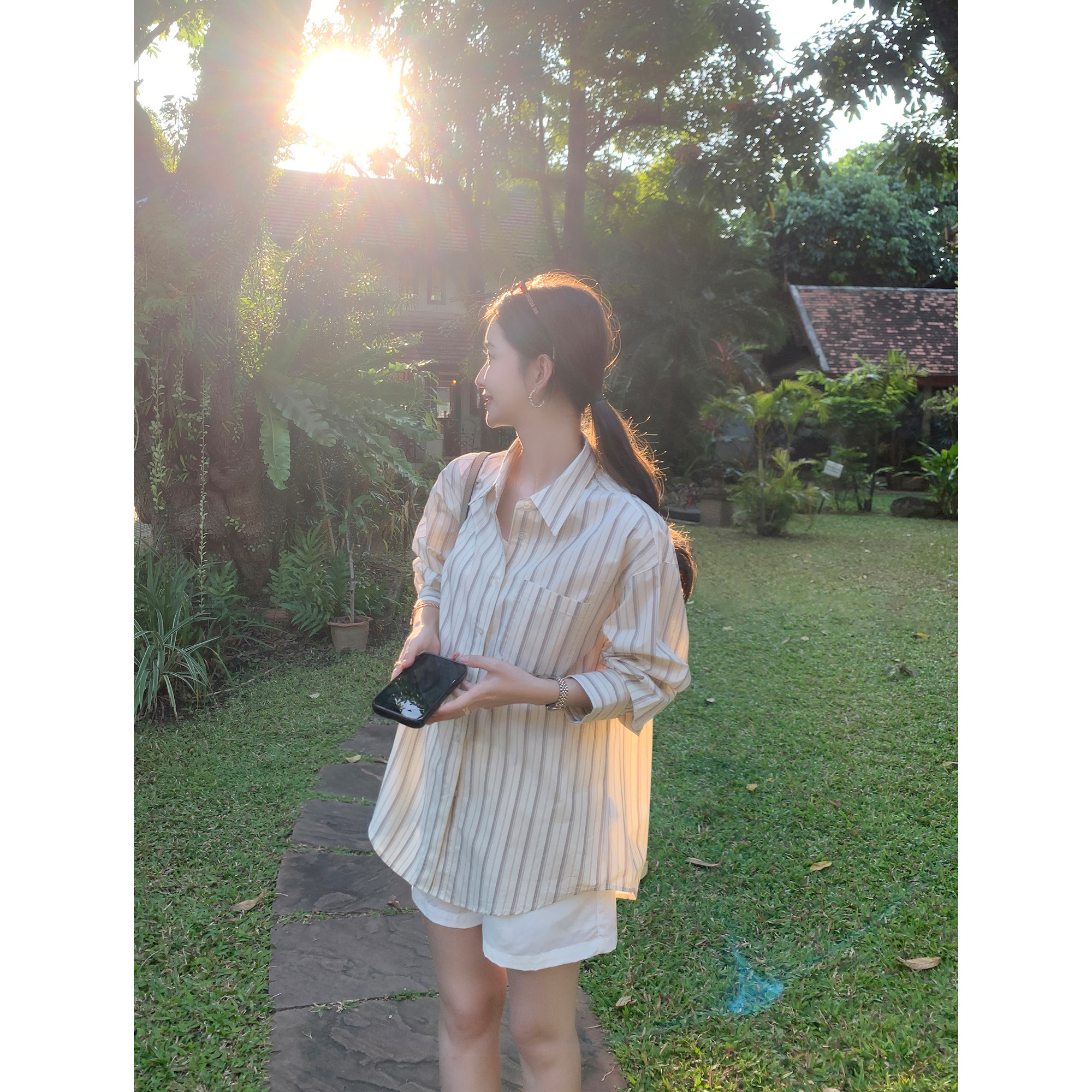 pusumede 轻简随意 复古条纹长袖衬衫女宽松休闲上衣翻领通勤衬衣