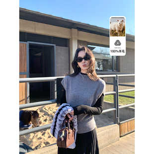 上衣 100%羊毛半高领针织马甲女宽松叠穿无袖 pusumede 编织记忆