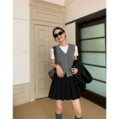 pusumede 灰色麻花V领毛衣马甲女开衫 春秋叠穿坎肩针织背心上衣