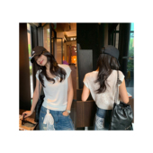 气质小飞袖 pusumede蕾丝拼接后背设计感U领短袖 针织t恤女法式 上衣