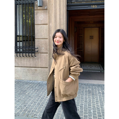 pusumede【现货6折】复古工装外套女立领休闲拉链夹克设计感上衣