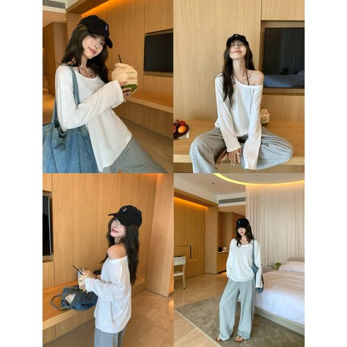 大圆领长袖t恤女宽松防晒衫上衣