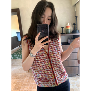 女坎肩無袖 pusumede彩色編織 法式 小香風(fēng)針織v領(lǐng)馬甲開衫 背心上衣